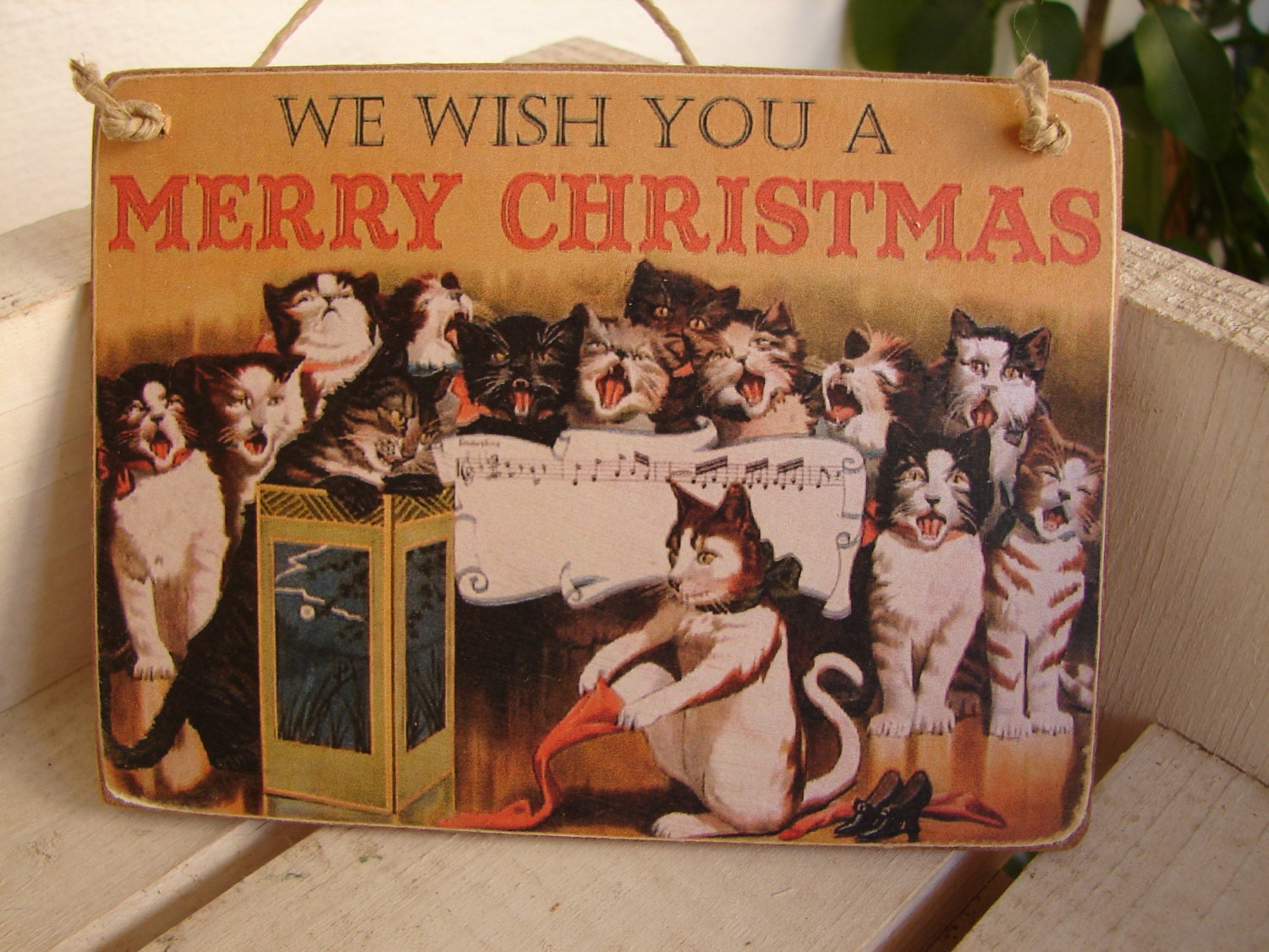 Victorian Carolling,singing cats,Christmas image,old style tree decoration,wooden tag.