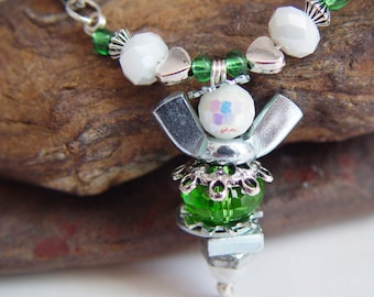 Apple Green and White Beaded Antique Silver Upcycled Wing Nut Angel Necklace