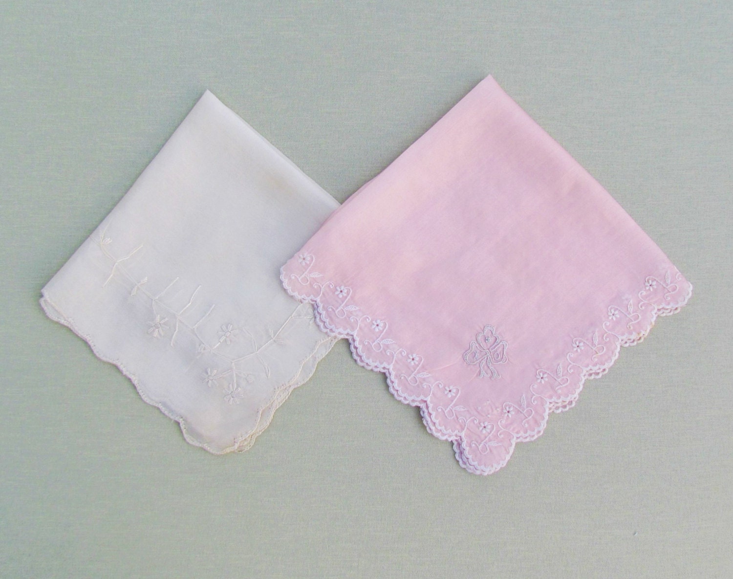 Vintage silk hankies, lot of 2 pink and ivory embroidered hankies ...