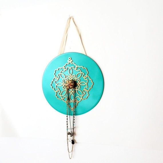 Necklace Holder Teal and Gold Jewelry Organizer by Shannybeebo