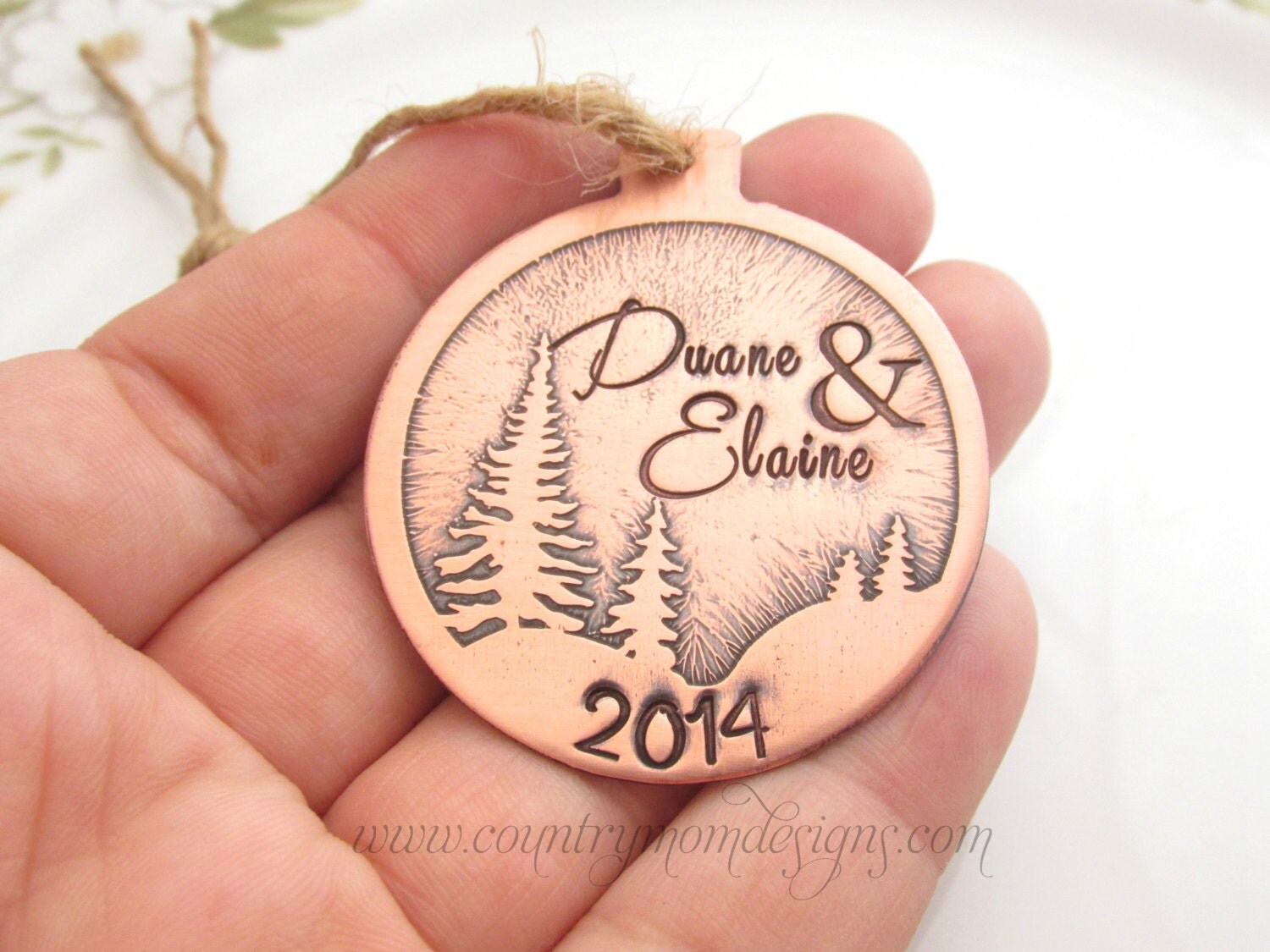 Personalized Christmas Ornament Pine Tree Forest Scene Hand Stamped Handmade Etched Ornament