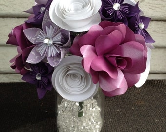 Paper flower bouquet, purple flowers, purple rose, white flowers, wedding flowers, kusudama flowers, custom flowers, custom bouquets.