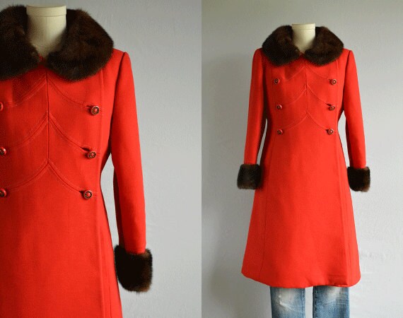 Items Similar To Vintage 1960s Wool Coat 60s Red Wool Princess Coat With Mink Collar And Cuffs 