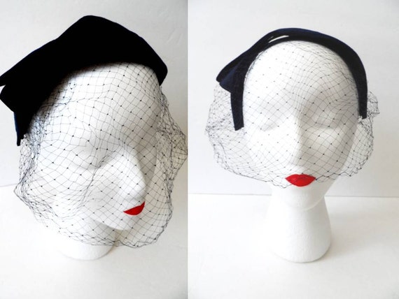 Vintage Black Hat Birdcage Veil 50s 60s Headpiece Retro Velvet