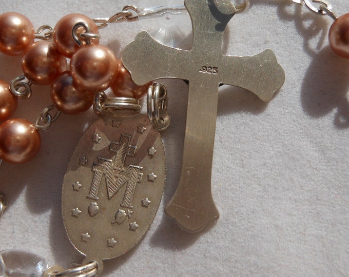 FREE SHIPPING Catholic sterling rosary Swarovski crystal rose gold pearls, Swarovski heart Pater beads, Miraculous Medal crucifix