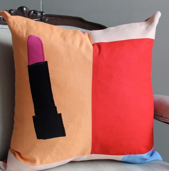 Items similar to Lipstick applique throw pillow, linen, 17" square on Etsy