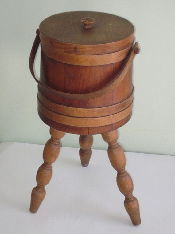 RESERVED Vintage 3Leg Wood Sewing Bucket with by whitefarmhouse