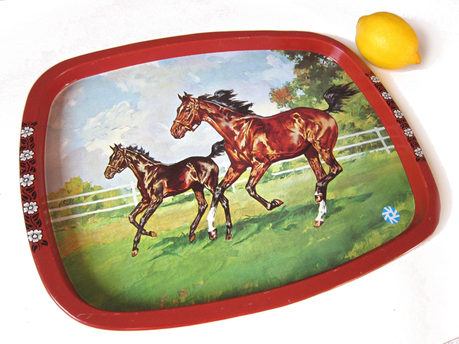 Vintage horses tray, metal, 1970s made in Belgium Haute Juice