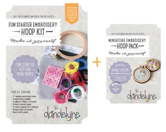 Fun Starter Mini Embroidery Kit and mini hoops (2 sizes) - bundle SPECIAL - DIY - hand embroidery kit and 2 miniature embroidery frames