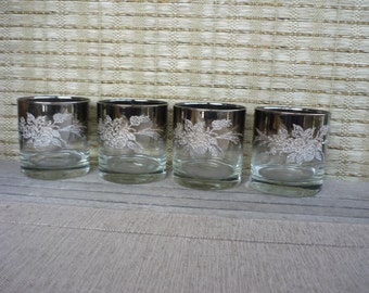Vintage Mid Century Modern Silver Ombre Low Ball Glasses, Embossed Floral Design, Retro Barware, Set of 4