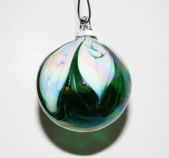 Hand Blown Glass Christmas Ornament White & Green Feathered