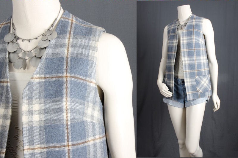 Blue Plaid vest waistcoat jacket coat armless jacket white top