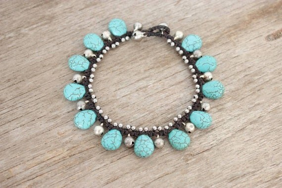 Items similar to Anklet Handmade Turquoise With Silver Bells Thailand ...