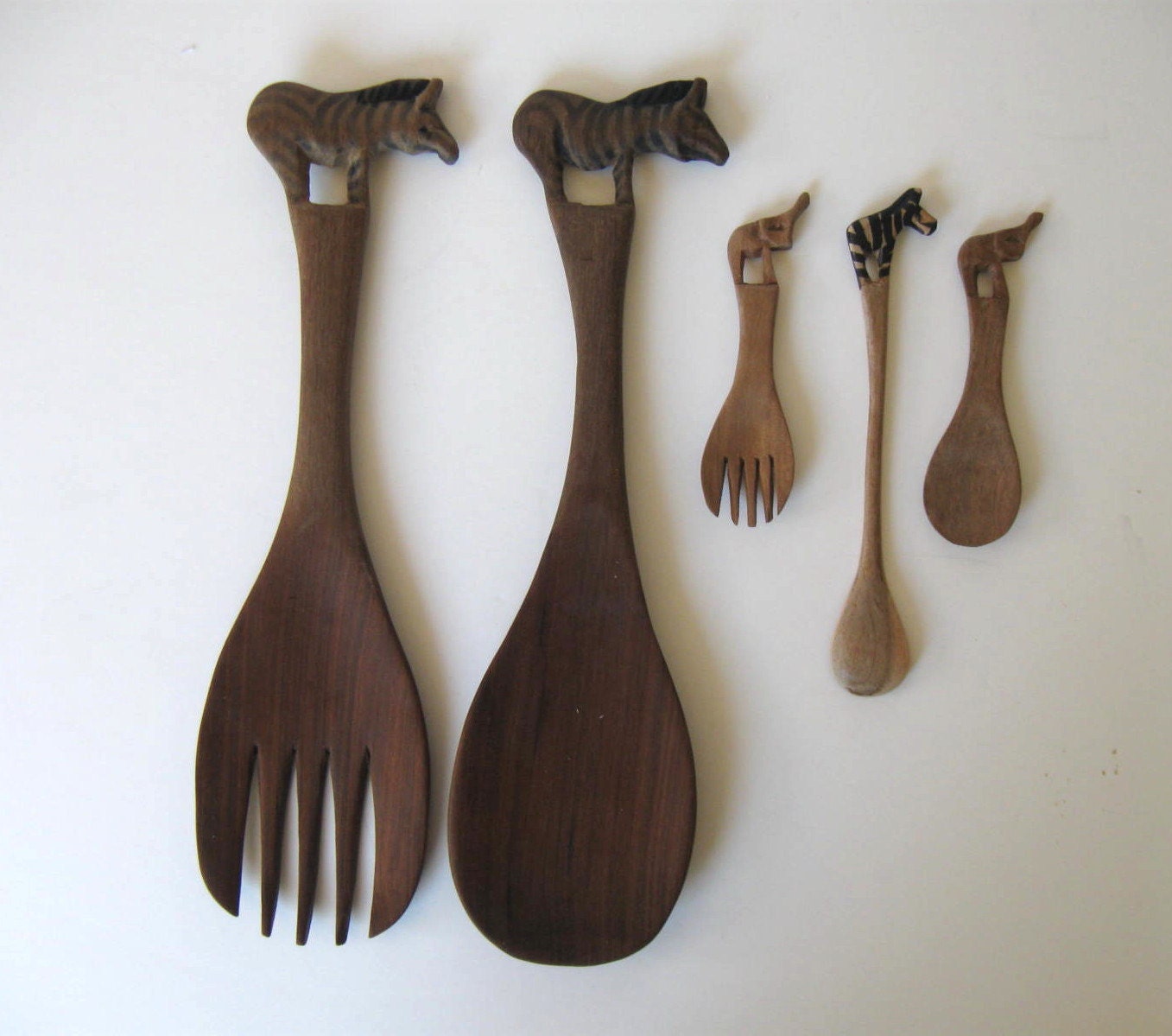 Lot of Hand Carved African Wooden Animal serving utensils, Vintage