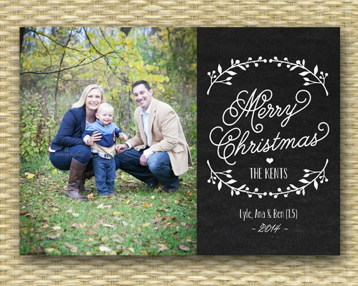 Rustic Christmas Photo Card - Chalkboard, Customized, DIY Printable, Holiday - Holly Folk Wreath Chalkboard - ANY WORDING