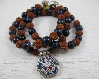Rudraksha Mala Prayer Bead Necklace and Bracelet with Antique Indian Silver and Enamel Hanuman Amulet