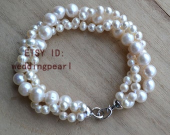 pearl bracelet-3 rows 8 inches 5-9mm ivory pearl bracelet,natural freshwater pearl bracelet ,wedding bracelet