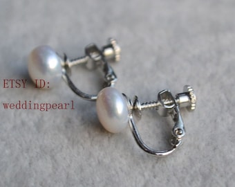 clip-on pearl earrings, fresh water ivory white clip on pearl earrings, for non pierced ears, ear clip pearl earring, real pearl earrings