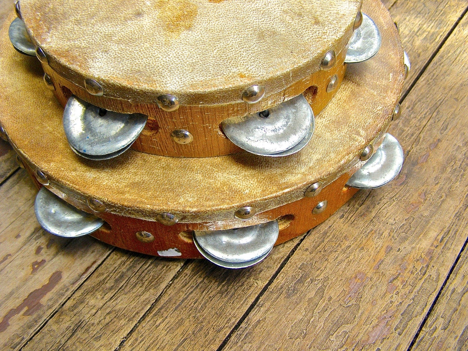 Two Vintage Tambourines Retro Wooden Musical Instruments