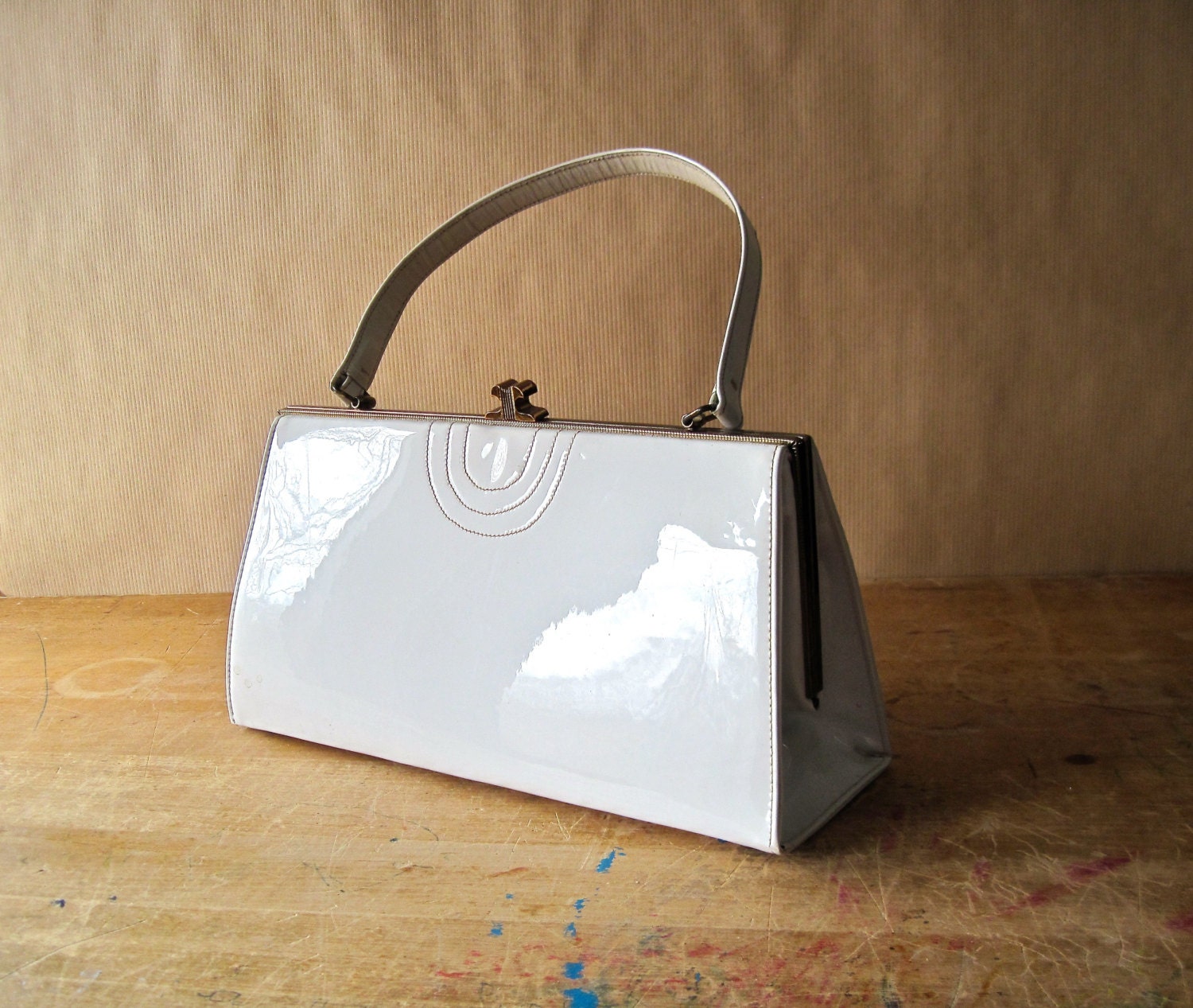 Mid Century White Patent Leather Purse Handbag LaPatti