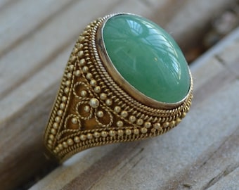 Gorgeous antique art deco filigree chinese export gold over silver adjustable ring with jade green stone