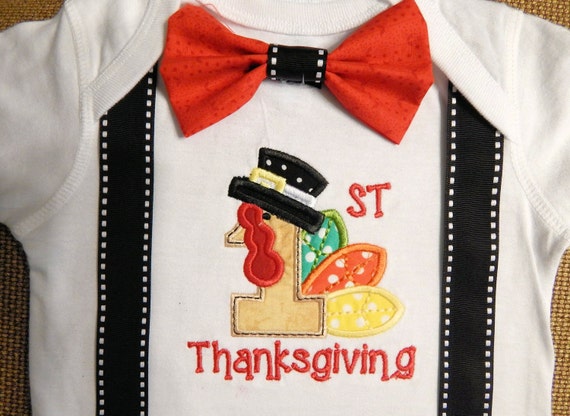 Baby Boy's First Thanksgiving Outfit with suspenders and