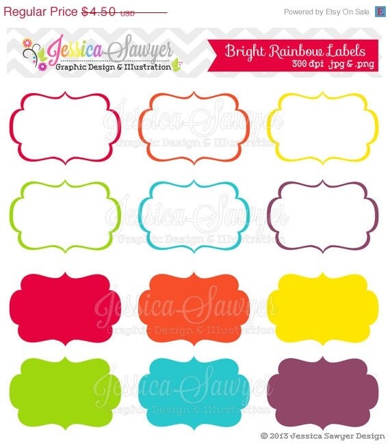 50% OFF - INSTANT DOWNLOAD, bright rainbow printable labels, rainbow digital frames, scrapbooking tags, printable rainbow party, party labe Il_570xn