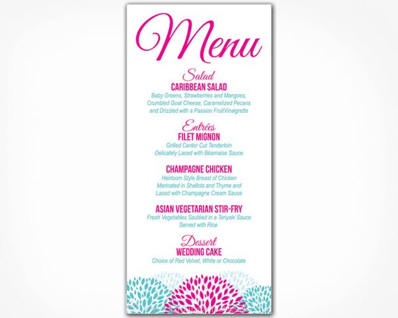 Floral Wedding Menu Card - PRINTABLE Wedding Menu - Rehearsal Dinner Bridal Shower - Garden Party - Custom Colors Fonts - Floral Collection Il_570xn