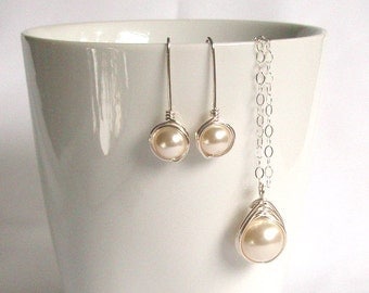 Bride Jewelry Set, Sterling Silver Jewellery Set, Swarovski Cream Pearl Earring and Pendant Set, Wire Wrapped Jewelry Handmade