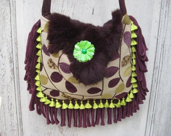 Lime green eggplant gypsy bag purse, chenille fabric bag with genuine fur, purple bohemian boho bag, crossbody purse