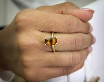 SUMMER SALE - gold rectangle ring,tiger eye ring,rectangular rings,gold rings,gemstone rings,natural stone ring,prong ring