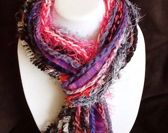 Handmade black, pink and purple Fringe Fashion Scarf, Crocheted, fun ...