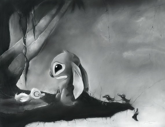Illustration "Lonely Stitch" black & white pastel giclée fine art print
