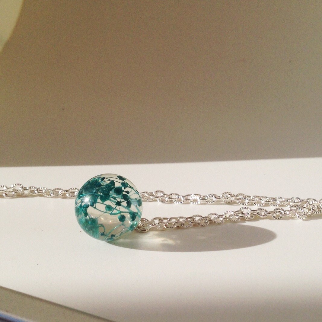 Preserved flower terrarium necklace resin jewelry in turquoise