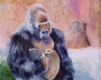 Wildlife Acrylic Painting of Gorilla sitting in Landscape with Daisy