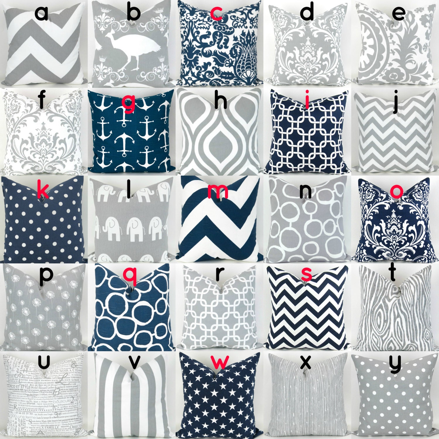 Blue & Gray Pillow Cover 18x18 Mix/Match navy grey white