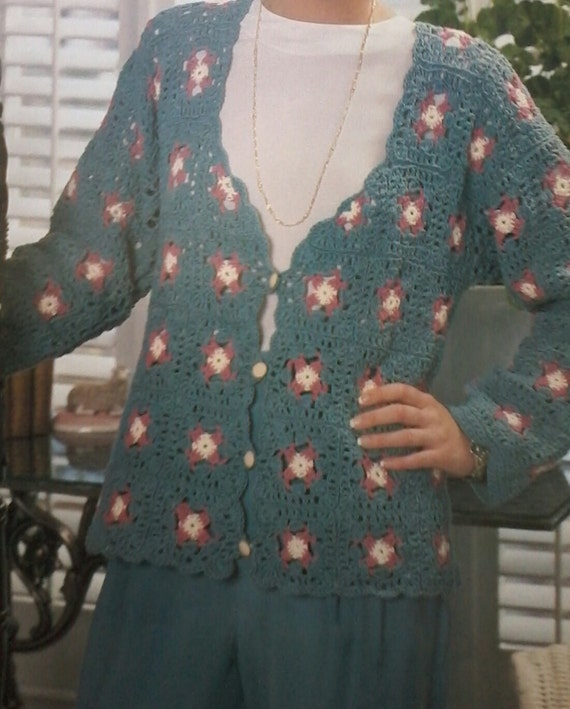 Vintage Crocheted Womens Floral Cardigan Pattern by MAMASPATTERNS