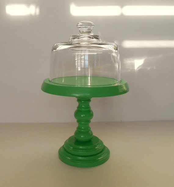 Green Wood Dessert Stand with Glass Dome / Small Cake pedestal