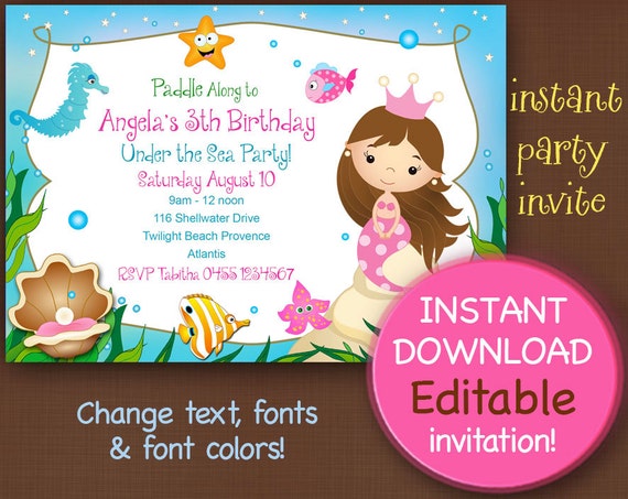 u.s letter invitation EDITABLE Cute Mermaid invitations Invitation Mermaid Party