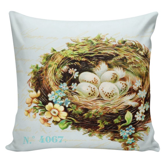 Items similar to Spring Pillow Vintage French Pillow Botanical Eggs Nest Burlap Cotton Throw ...