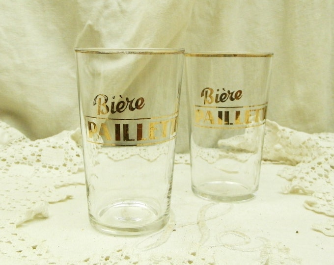 2 Vintage French Beer Glasses "Biere Paillette" Gold Lettering and Rim / French Country Decor