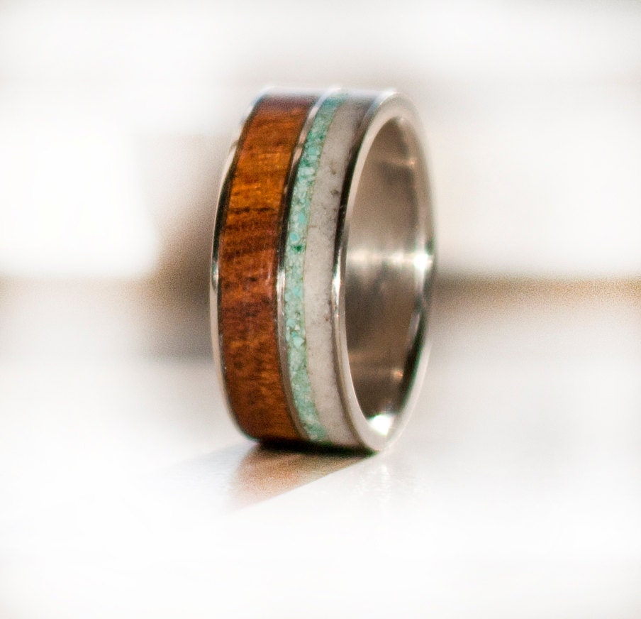 Mens Wedding Band Wood Antler And Turquoise Ring Staghead