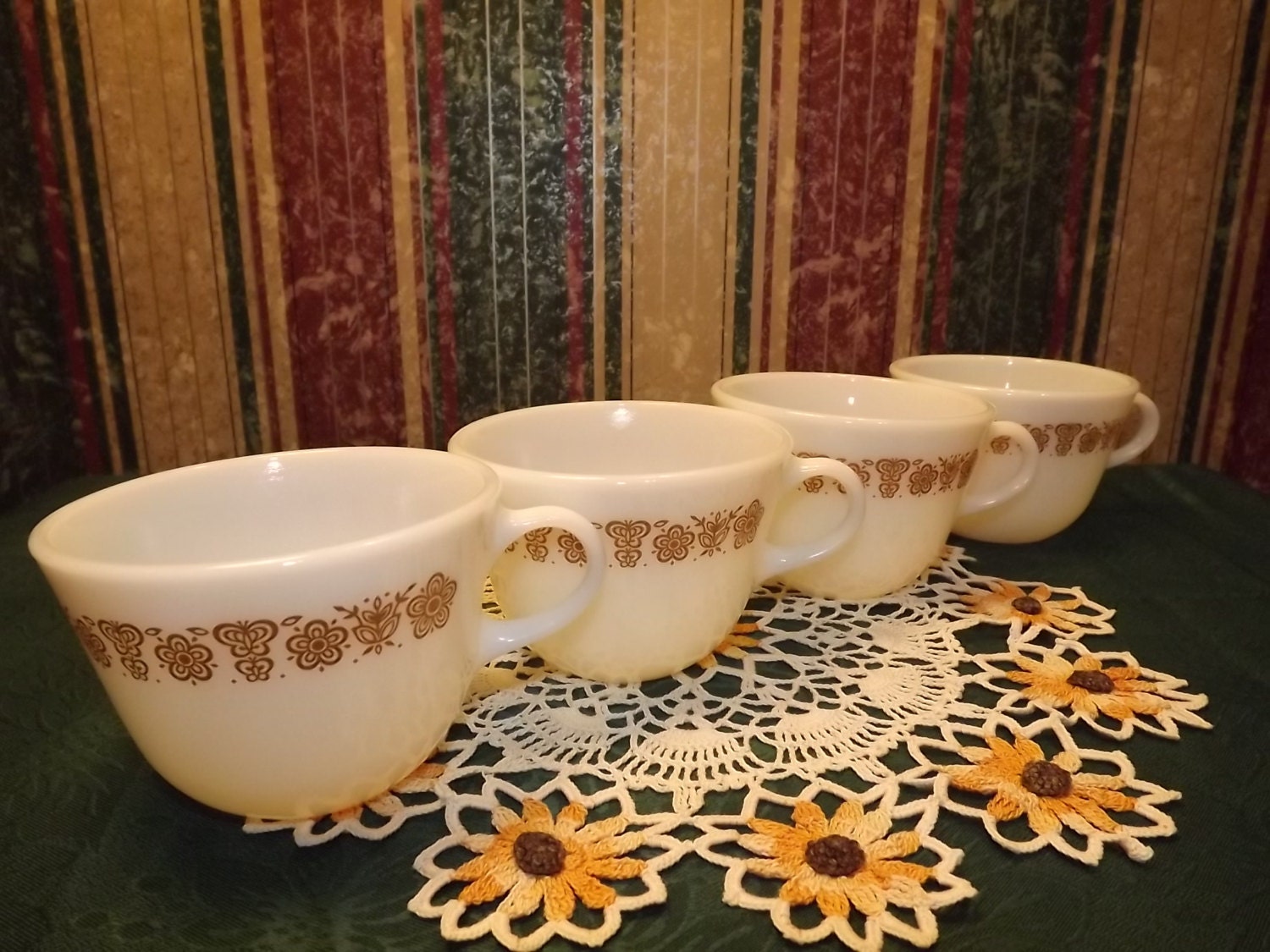 1960s Vintage Pyrex Butterfly Gold Milk Glass Tea Cups, Set of 4 Flowers and Butterflies Design