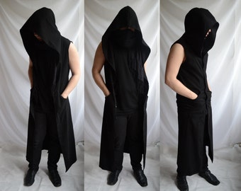 Netherworld Hoodie ( long sleeveless black mens coat hero summer cosplay fantasy gothic industrial post apocalyptic dark avantgarde fashion)