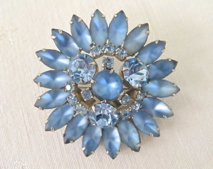 Vintage Moonglow Brooch, Blue Rhinestone Pin, Rhodium Setting, Celestial Jewelry