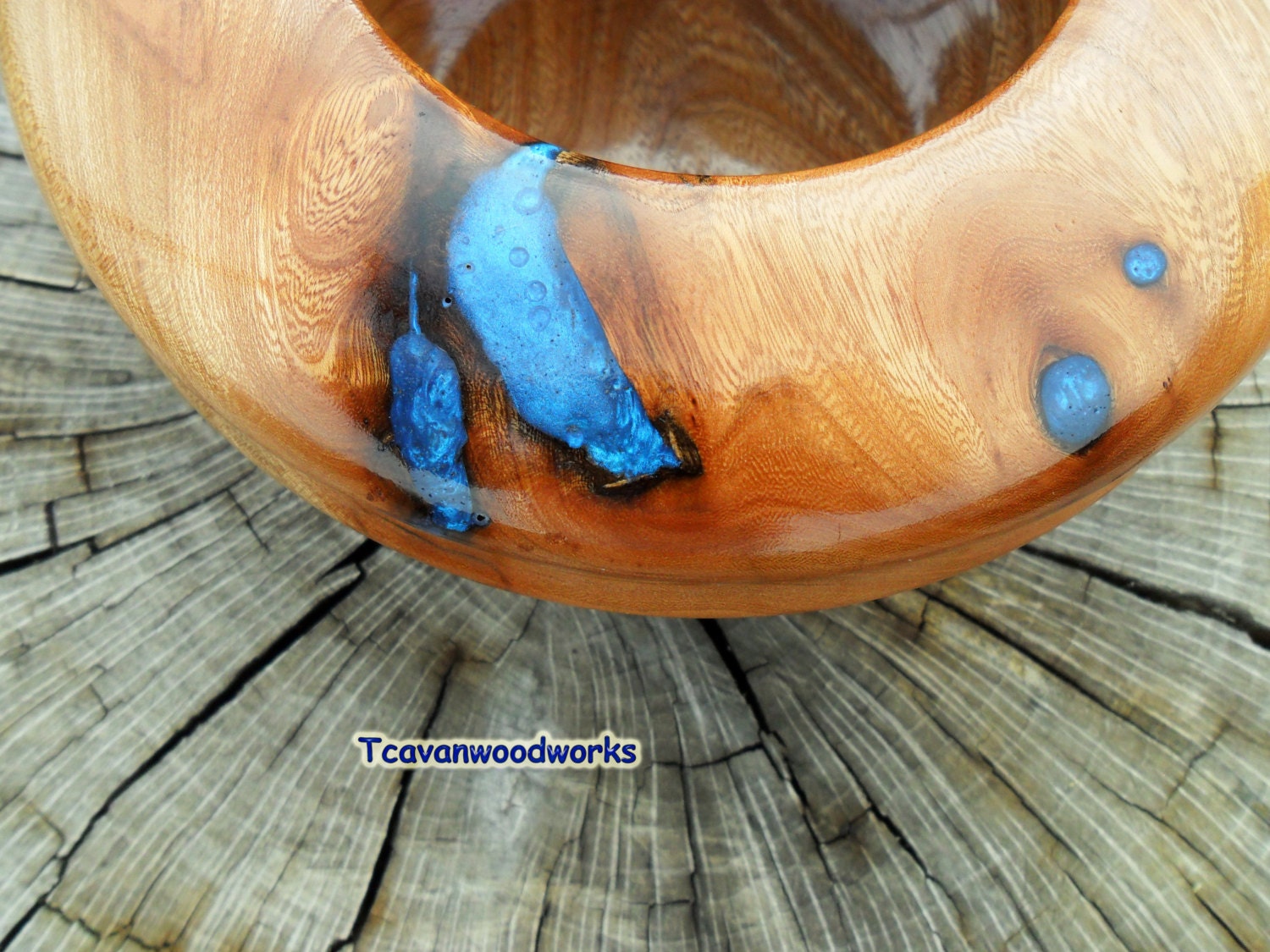 Blue Wood Bowl Epoxy Resin Inlay Wooden Bowl Blue Accent