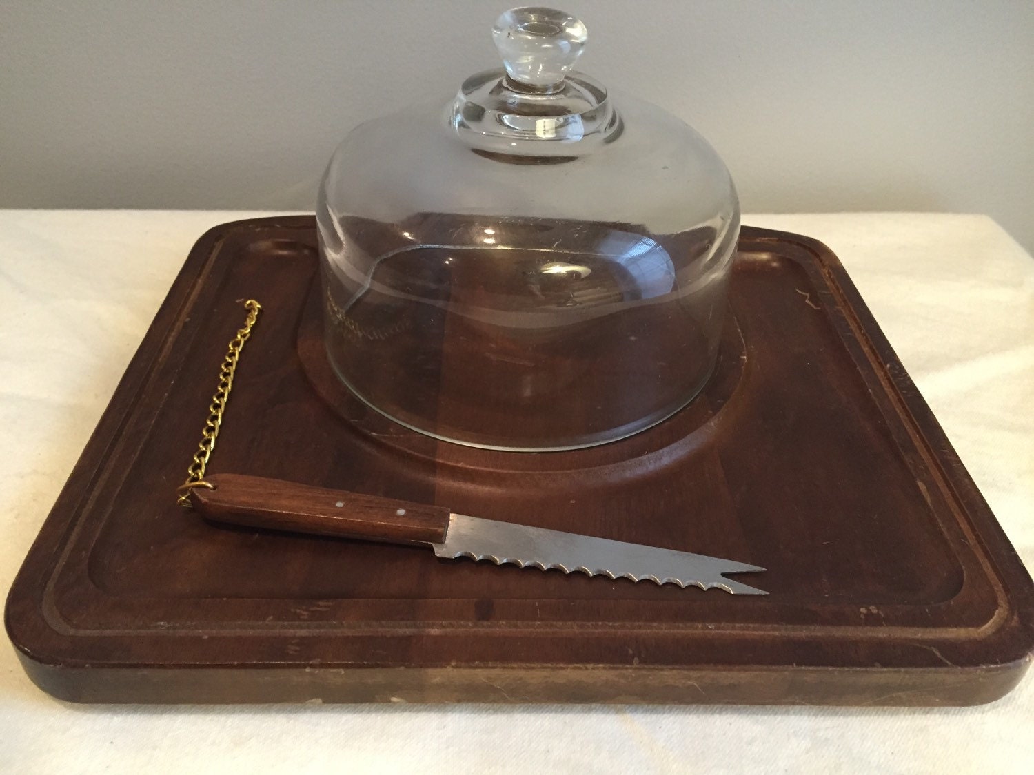 Vintage 1960s Wood Cheese and Crackers Tray with Knife. Glass Dome