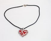 Red Enamel Heart Necklace -  Black Leather Cord - Gift for her- Gift of love - For Red - Black Color lovers