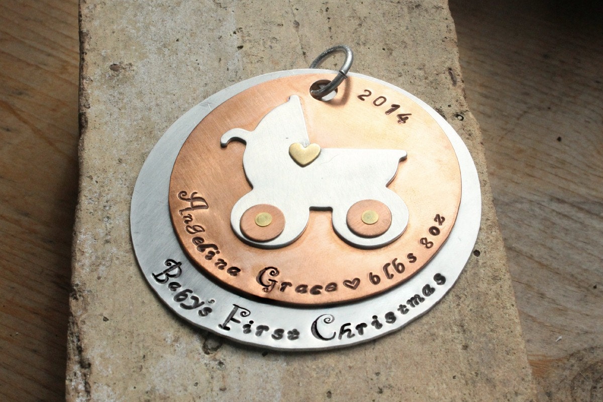 Baby's First Christmas Ornament, Babys 1st Hand Stamped not engraved Personalized, 1st Christmas as Mommy and Daddy, Handmade Item D13