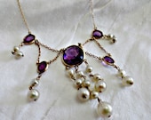 Edwardian Festoon Gold Filled Necklace: Amethyst Paste Stone Necklace,  Faux Pearls,Antique ca 1900